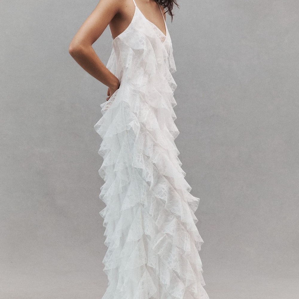 BHLDN Jia Bias-Cut Lace Ruffled V-Neck Gown